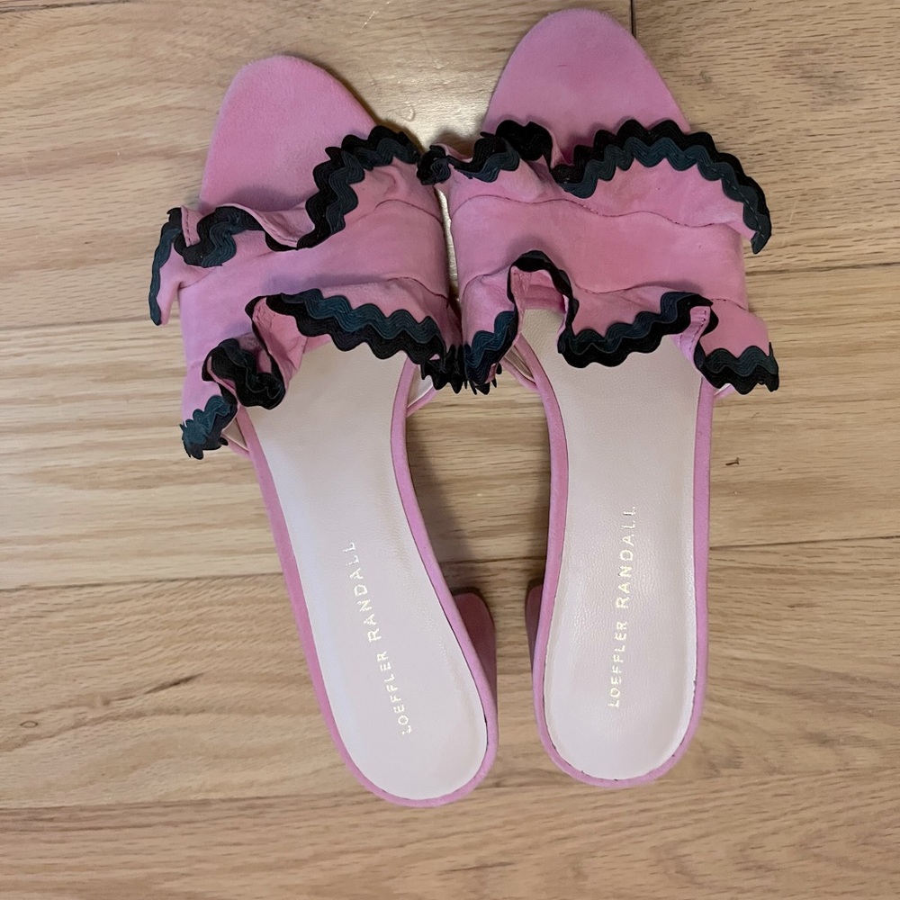Loeffler Randall Pink Ruffle Rikrak Trim Vera Mule Slide Sandal Heels 7.5